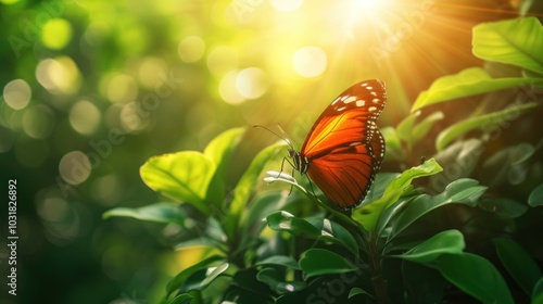 Orange butterflies flying in the garden. spreading wings butterfly on a leaf