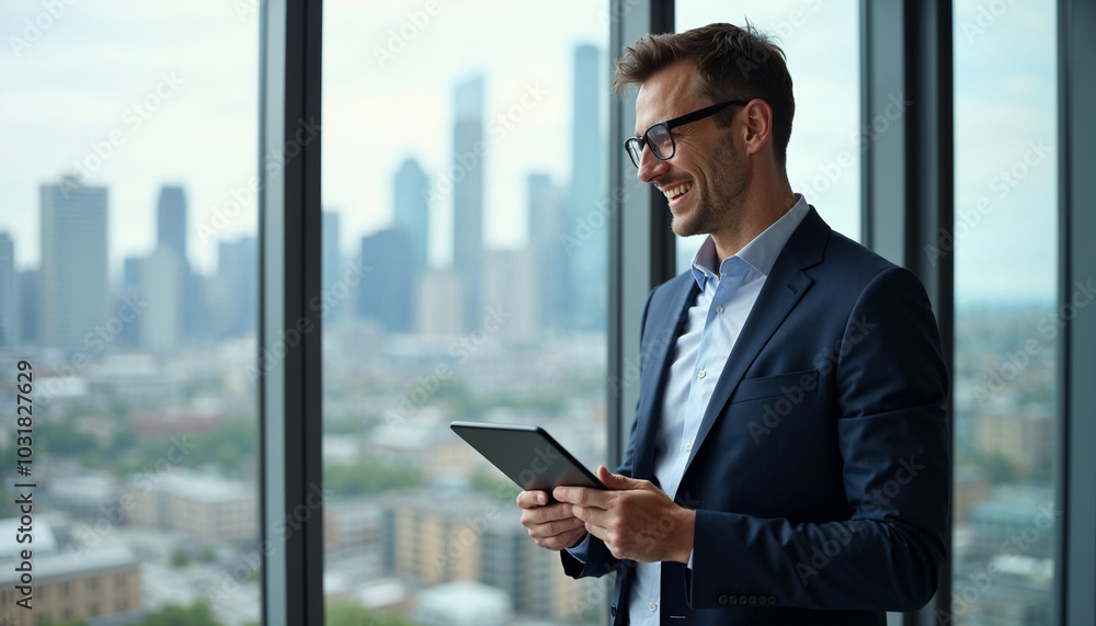 Happy middle-aged Caucasian man, CEO, wearing a tailored navy suit, standing in a modern office with large windows, using a sleek digital tablet. He has short brown hair and glasses, smiling Happy middle-aged Caucasian man, CEO, wearing a tailored navy suit, standing in a modern office with large windows, using a sleek digital tablet. He has short brown hair and glasses, smiling