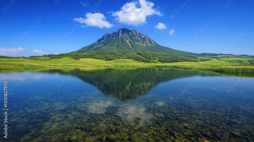 A clear, tranquil lake in Jeju Island reflecting the towering Hallasan volcano. A clear, tranquil lake in Jeju Island reflecting the towering Hallasan volcano.