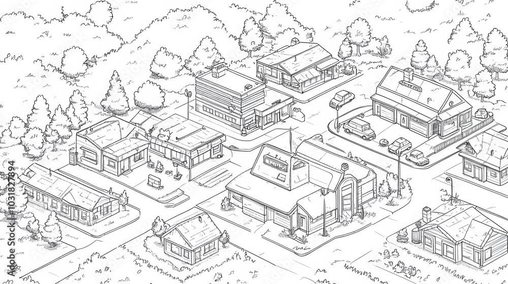 Village Map Outline, intricate black and white map featuring a bank, mart, barber, gas station, hamburger shop, drug store, school, coloring book style Village Map Outline, intricate black and white map featuring a bank, mart, barber, gas station, hamburger shop, drug store, school, coloring book style