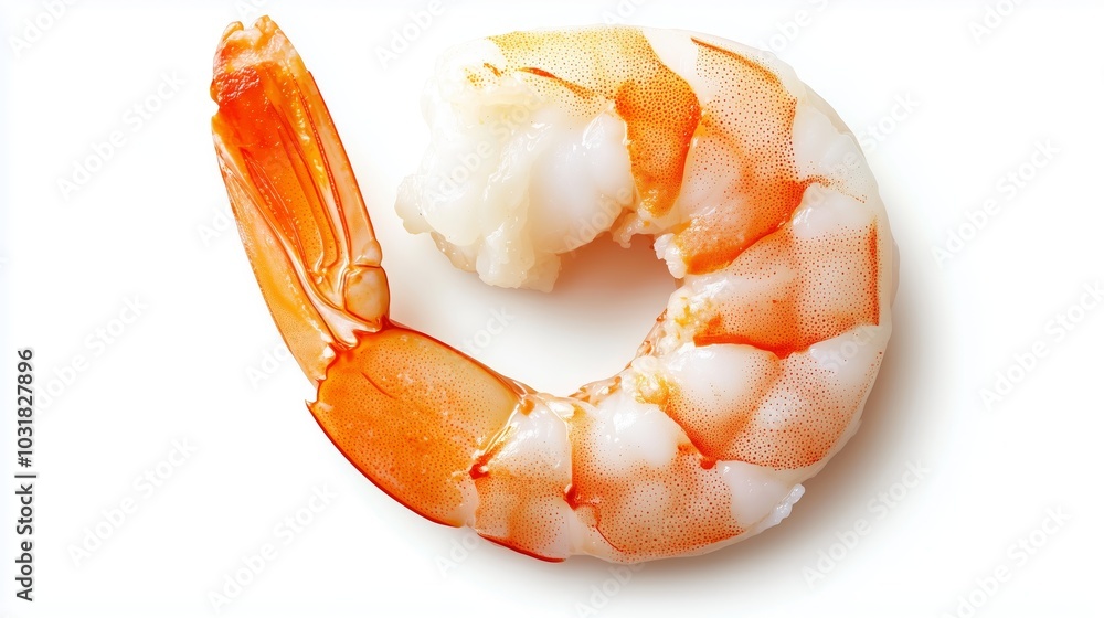 Top View of Single Cooked Shrimp Curled in C Shape on White Background Top View of Single Cooked Shrimp Curled in C Shape on White Background