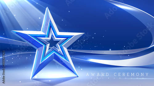 3D crystal stars on a blue background decorated with ribbons and spotlights, luxury awards ceremony scene design concept. Vector illustration.