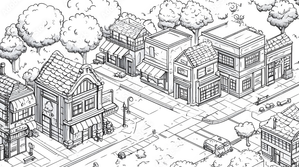 Village Map Outline, intricate layout featuring bank, mart, barber, gas station, hamburger shop, drug store, school, black and white coloring book style Village Map Outline, intricate layout featuring bank, mart, barber, gas station, hamburger shop, drug store, school, black and white coloring book style