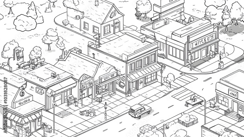 Village Map Illustration, intricate layout featuring bank, mart, barber, hair salon, gas station, hamburger shop, drug store, school, clear black and white design Village Map Illustration, intricate layout featuring bank, mart, barber, hair salon, gas station, hamburger shop, drug store, school, clear black and white design