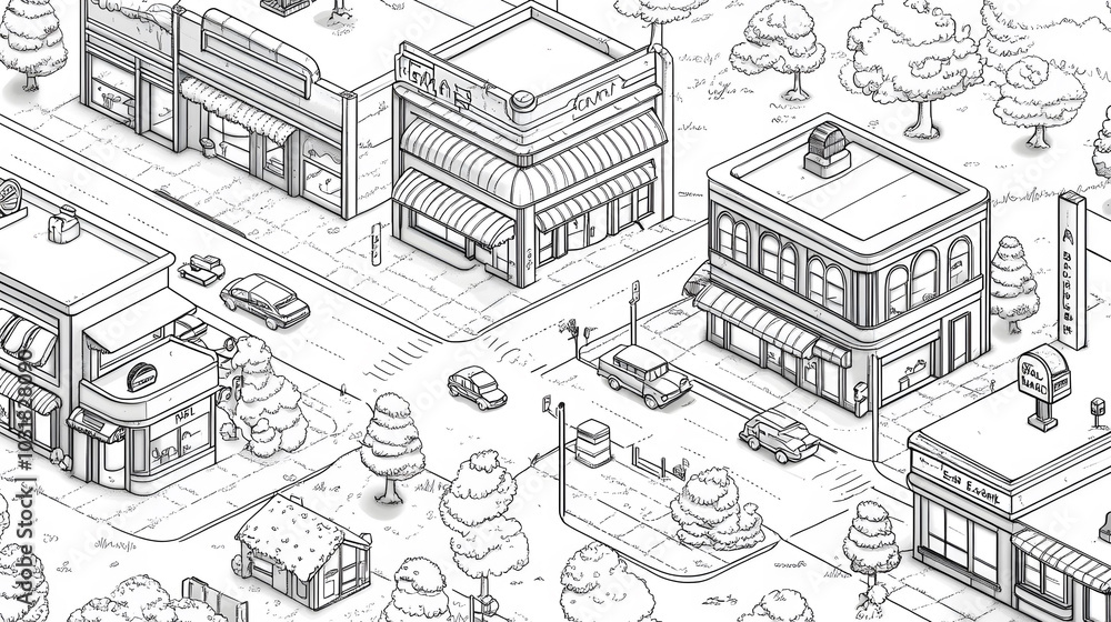 Village Map Outline, intricate layout featuring bank, mart, barber, gas station, hamburger shop, drug store, school, coloring book style, clear lines, black and white Village Map Outline, intricate layout featuring bank, mart, barber, gas station, hamburger shop, drug store, school, coloring book style, clear lines, black and white