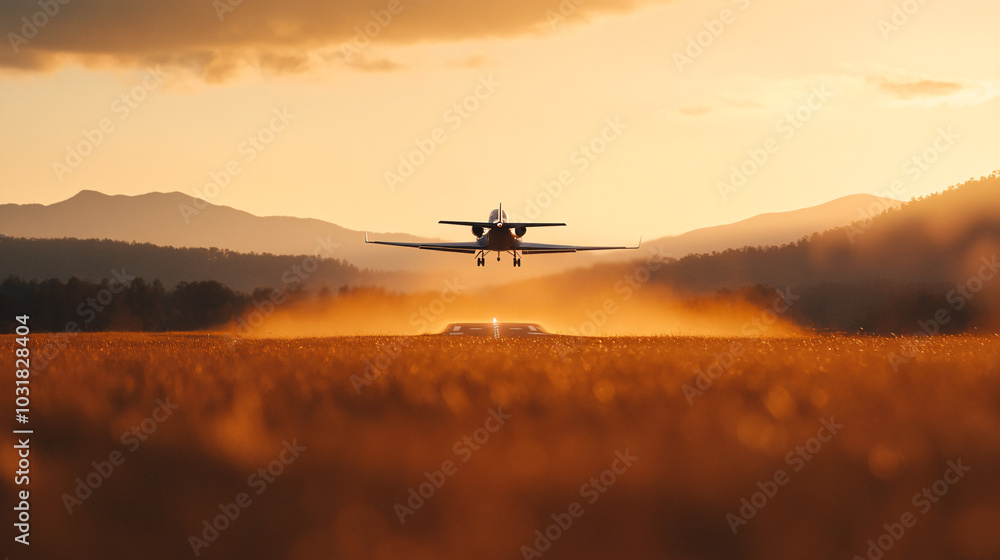 Small Aircraft Landing at Sunset Small Aircraft Landing at Sunset