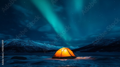 A glowing tent illuminated by the vibrant Northern Lights stands in a snow-covered landscape under a dark sky, creating a magical scene of adventure and wonder.