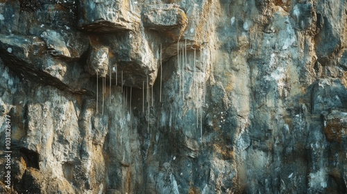 A cliffside with smooth, detailed river-worn stones hanging precariously from above. photo