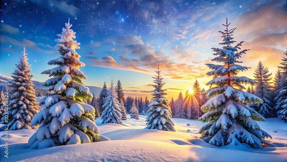 Fototapeta premium Winter Wonderland Landscape with Snow-Covered Christmas Trees and Scenic Views