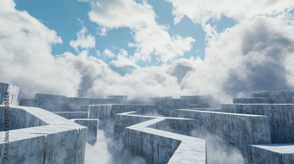 A surreal landscape featuring winding pathways through towering, ice-like structures under a bright, cloudy sky. A surreal landscape featuring winding pathways through towering, ice-like structures under a bright, cloudy sky.