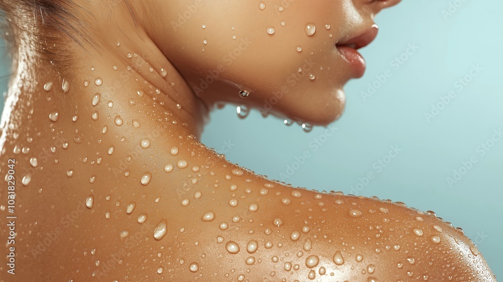 Fototapeta premium Woman s neck and shoulder with water droplets on wet skin