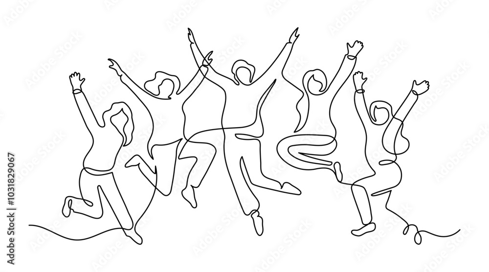 Happy group of people jumping, continuous one line drawing. Friendship, team work, healthy lifestyle, success concept. Minimalist simple linear style. Vector outline illustration Happy group of people jumping, continuous one line drawing. Friendship, team work, healthy lifestyle, success concept. Minimalist simple linear style. Vector outline illustration