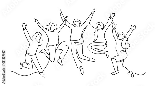 Happy group of people jumping, continuous one line drawing. Friendship, team work, healthy lifestyle, success concept. Minimalist simple linear style. Vector outline illustration