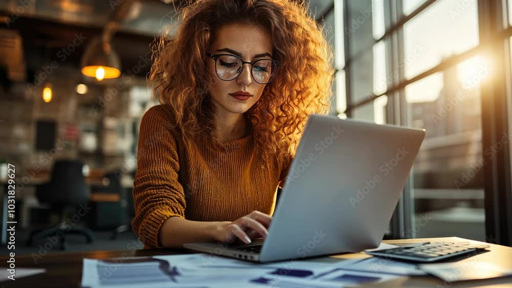 A woman with curly hair works on her laptop in a modern office space