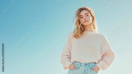 young woman stands confidently against clear blue sky, wearing light sweater and high waisted jeans. Her relaxed pose and serene expression convey sense of calm and style photo