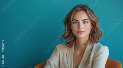 Young woman sitting in a chair against a blue background.