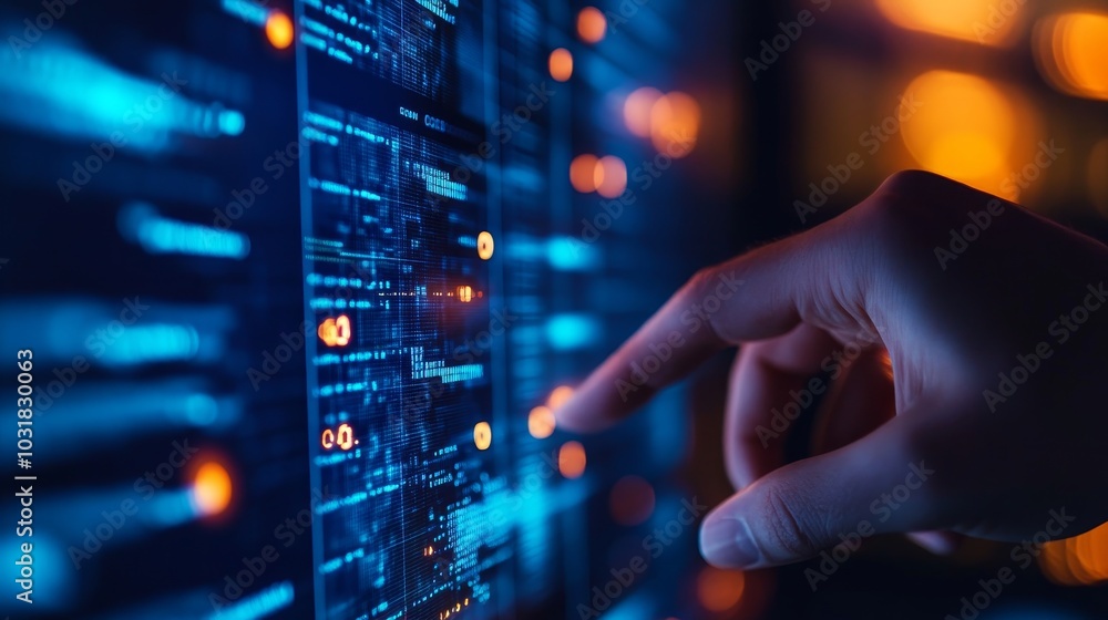 Fototapeta premium A hand interacts with a digital screen, representing the power of data and information technology to drive digital transformation.