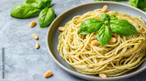 Delicious pesto pasta served in a stylish bowl, garnished with fresh basil and pine nuts, perfect for a culinary masterpiece.