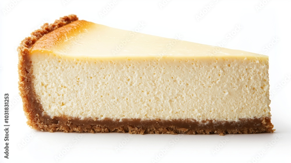Single Slice of Creamy Cheesecake with Golden-Brown Top and Crumbly Crust Against White Background Single Slice of Creamy Cheesecake with Golden-Brown Top and Crumbly Crust Against White Background