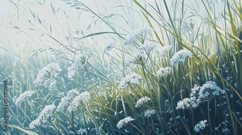 A close-up of cow parsley growing among tall blades of grass in a detailed meadow scene. photo