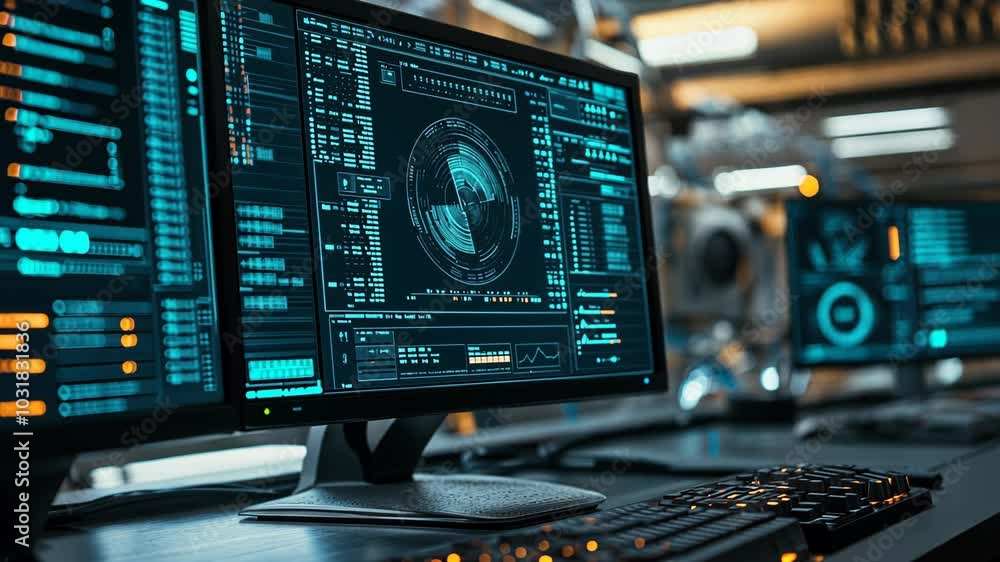 A computer monitor displays data and code in a dark, futuristic setting A computer monitor displays data and code in a dark, futuristic setting