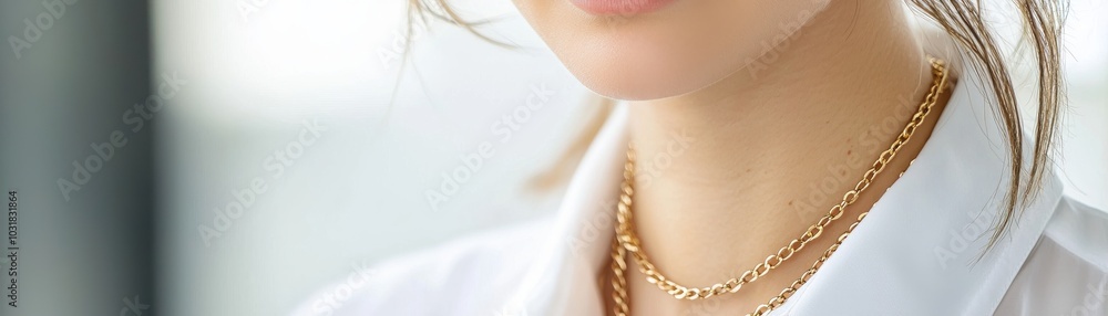 woman wearing gold necklaces and a white shirt, showcasing modern jewelry fashion. woman wearing gold necklaces and a white shirt, showcasing modern jewelry fashion.