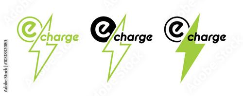 Set of eco friendly electric charge logos featuring a lightning bolt symbol and modern typography. Can be use for branding electric vehicles, charging stations, and energy-related services