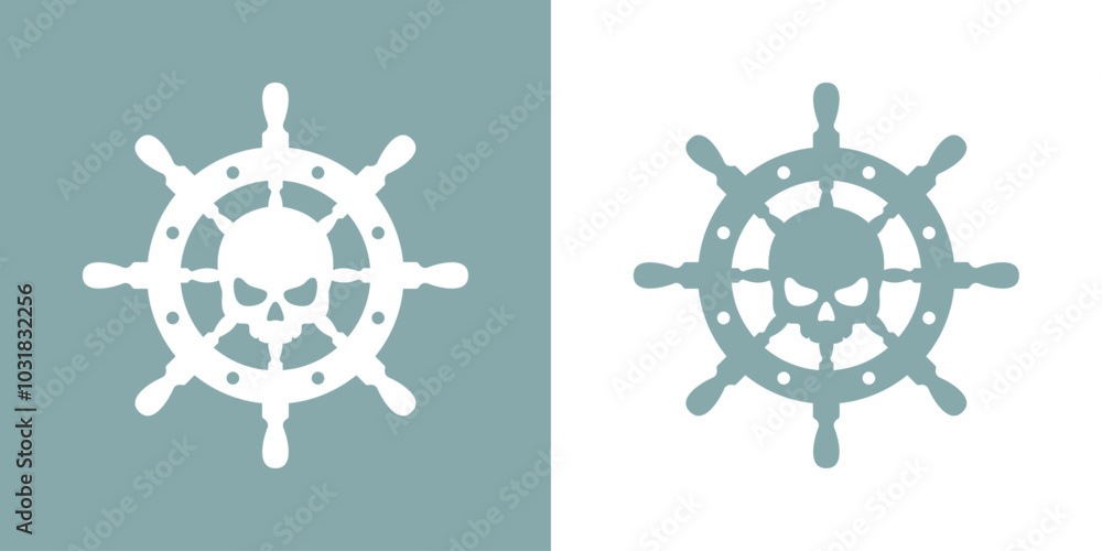 Logo nautical. Símbolo pirata. Silueta de volante de timón de barco con calavera humana Logo nautical. Símbolo pirata. Silueta de volante de timón de barco con calavera humana