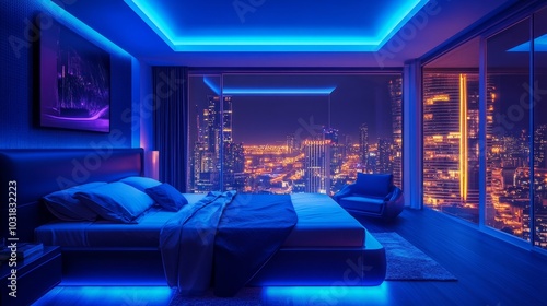 A sleek bedroom interior with windows opening to neon-lit streets, bathed in cool dark blue light for a soothing ambiance.