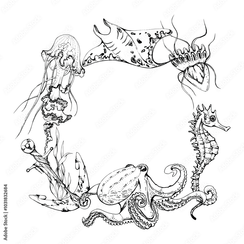 Marine life, sea ocean underwater creatures fish, shells algae seaweed, Ink and pen sketch hand drawn. Border frame illustration, stylized, isolated on white. For zoo shop, aquarium, cosmetics, resort Marine life, sea ocean underwater creatures fish, shells algae seaweed, Ink and pen sketch hand drawn. Border frame illustration, stylized, isolated on white. For zoo shop, aquarium, cosmetics, resort