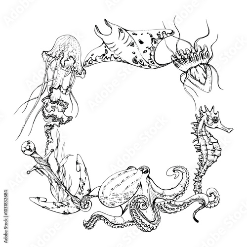 Marine life, sea ocean underwater creatures fish, shells algae seaweed, Ink and pen sketch hand drawn. Border frame illustration, stylized, isolated on white. For zoo shop, aquarium, cosmetics, resort