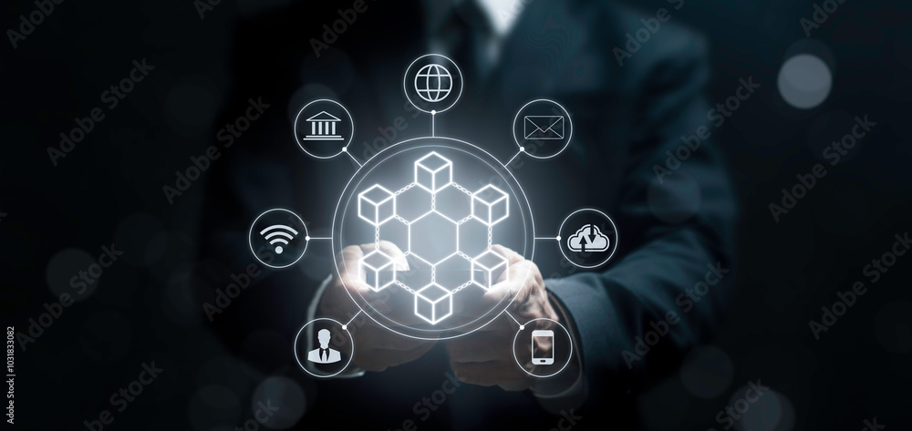 Businessman using mobile phone with internet network connection technology and smart city, social media marketing, e-commerce, IoT. Digital marketing, global business concept. Businessman using mobile phone with internet network connection technology and smart city, social media marketing, e-commerce, IoT. Digital marketing, global business concept.