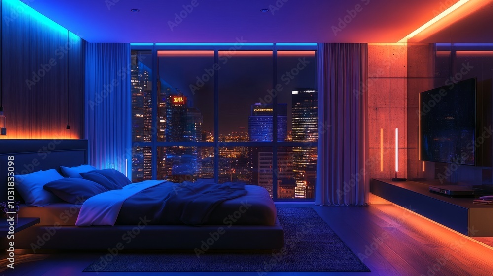 Modern apartment bedroom with city views through tall windows, illuminated by neon and enhanced by dark blue interior lighting. Modern apartment bedroom with city views through tall windows, illuminated by neon and enhanced by dark blue interior lighting.