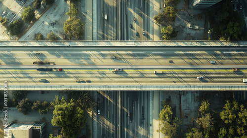 Top View Cyberpunk Map Depicting a Four-Lane Highway with Detailed Exits, Bus and Metro Stations, and Parking Areas for a Dynamic Urban Landscape photo