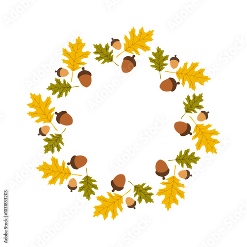 Logo con grupo de hojas de árbol y semillas de bellota o nuez formando una corona circular para tarjetas y felicitaciones del Día de Acción de Gracias