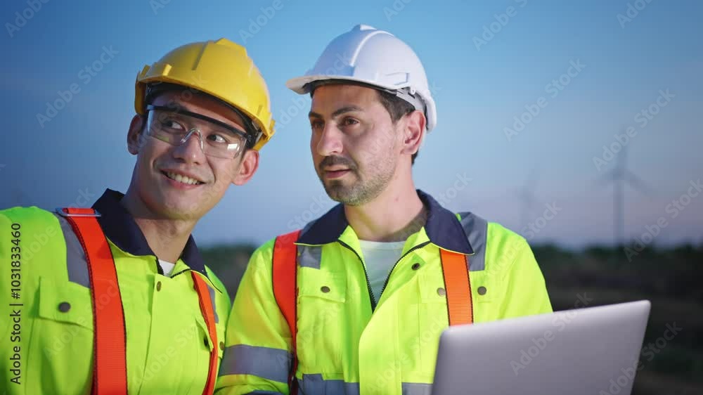 Diverse ethnicity male technicians working in the wind turbines field. Diverse ethnicity male technicians working in the wind turbines field.