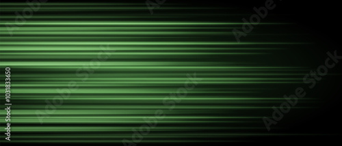 Abstract green laser beam. Lighting effect. Directional spotlight. Light streaks fading into darkness on a black background, creating a dynamic and abstract effect.