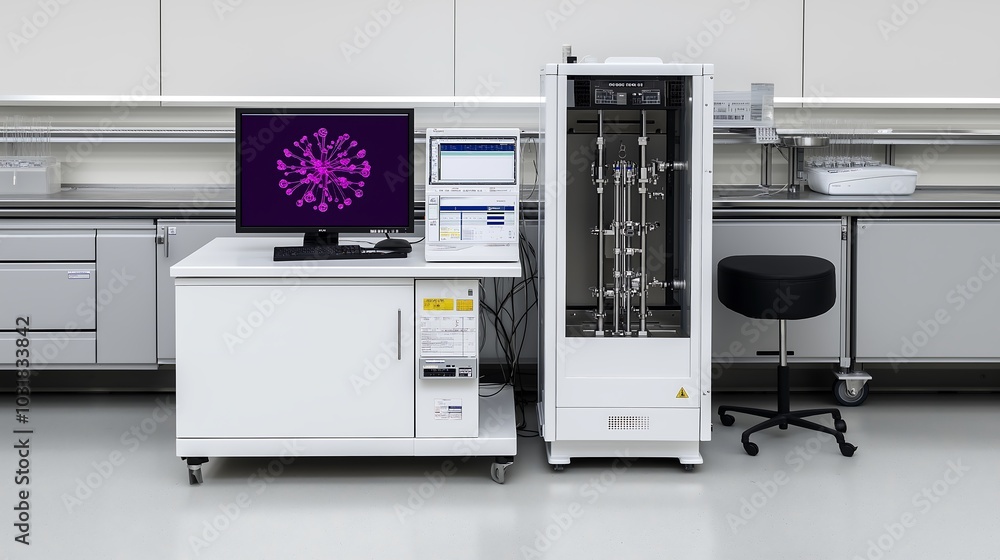 Fototapeta premium A high-tech laboratory with holographic projections showing molecular structures.