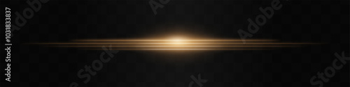 Moving fast Horizontal glowing golden light beam on a black background, Highlight effect. Abstract laser reflection. Light effect. Directional light effect. Lens flare. Horizontal rays glowing