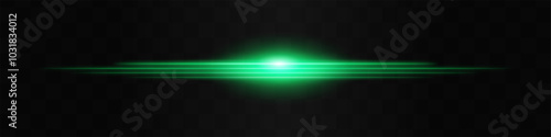 Moving fast Horizontal glowing green light beam on a black background, Highlight effect. Abstract laser reflection. Light effect. Directional light effect. Lens flare. Horizontal rays glowing