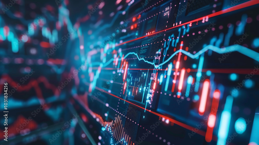 Dynamic financial charts and graphs display vibrant data trends, showcasing ever changing landscape of financial market. colorful visuals represent market fluctuations and analytics Dynamic financial charts and graphs display vibrant data trends, showcasing ever changing landscape of financial market. colorful visuals represent market fluctuations and analytics