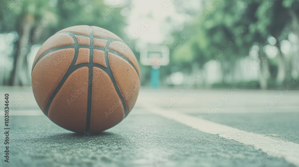 A basketball sits on the court, poised for play, surrounded by trees and an inviting atmosphere, signaling game time soon A basketball sits on the court, poised for play, surrounded by trees and an inviting atmosphere, signaling game time soon