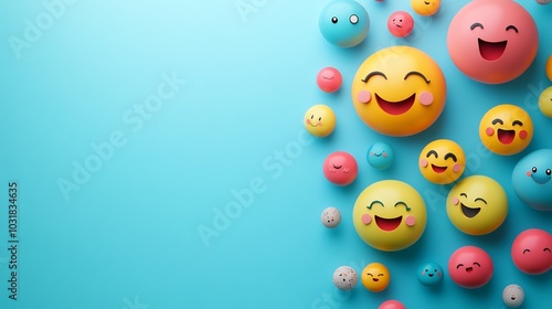 3d banner of World Emoji Day colorful funny emojis floating on the right side On the left space for text on a clean blue background Mental health awareness and positive emotions theme