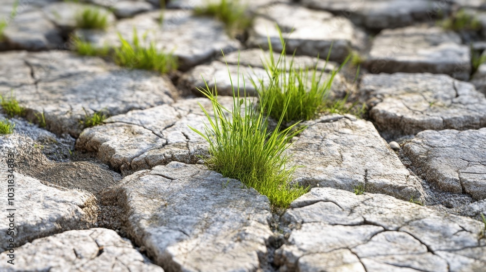 A close-up of grass growing through the cracks of old, detailed stone pavements. A close-up of grass growing through the cracks of old, detailed stone pavements.