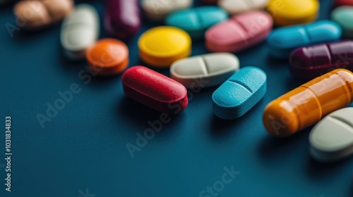 Colorful pills of various shapes and sizes are scattered on a dark blue background, illustrating a range of medications and health supplements