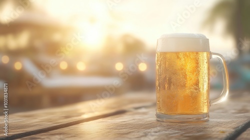 The golden beer mug sits on a wooden table, capturing the warm glow of a sunset at an outdoor setting, perfect for relaxation and enjoyment