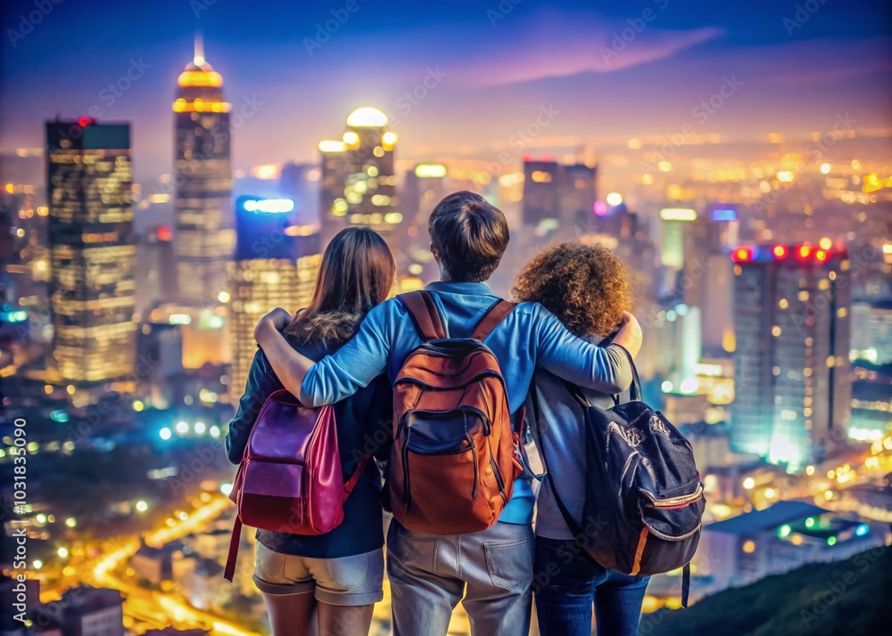 Fototapeta premium Young Travelers Embracing Friendship on an Urban Adventure in Stylish Fashion