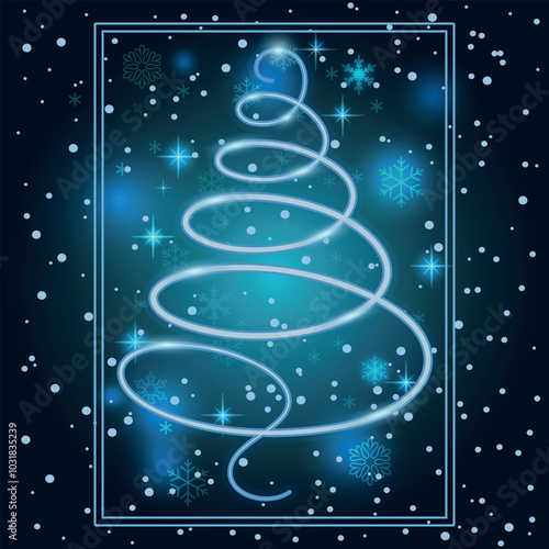 Blue Christmas tree with neon and bokeh effect