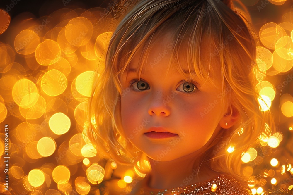 A young girl gazes thoughtfully amidst a dazzling array of glowing lights during a magical evening celebration A young girl gazes thoughtfully amidst a dazzling array of glowing lights during a magical evening celebration