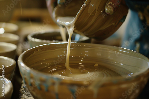 Generative AI photo craftsman shaping clay pot on spinning wheel in pottery studio surrounded by ceramic pieces